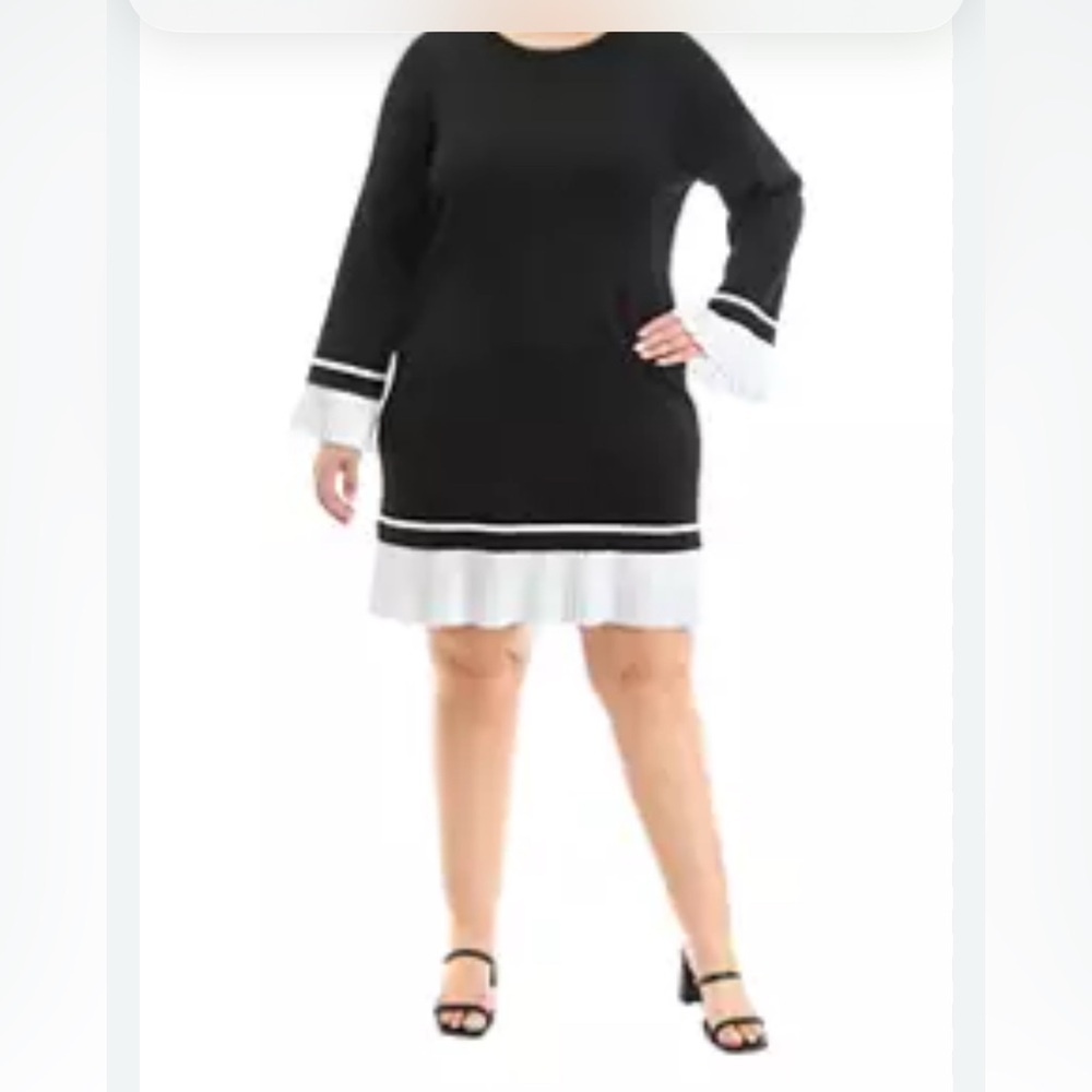 English Factory Black Dress White Pleated Trim Long Sleeve Shift Dress XL